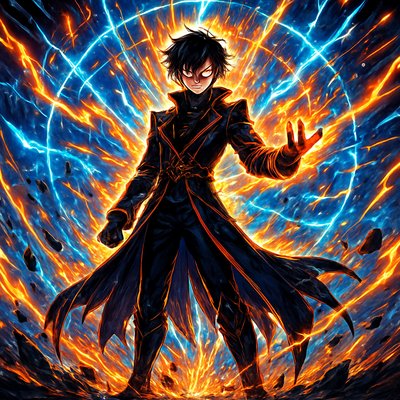 a man in a black coat standing in front of a blue and orange background