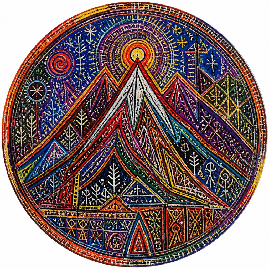 an emblem of a mountain peak inside a circle, simple bold shapes on a plain background, no text or lettering