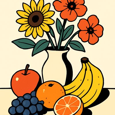 still life arrangement of fruits and flowers