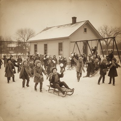 early 1900s American schoolhouse with snowy playground, dozens of children bundled in scarves and mittens, joyfully throwing snowballs, sliding down wooden sleds, climbing rustic playground equipment, nostalgic 