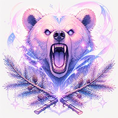 a roaring bear head above crossed pine branches, bold graphic composition on a plain background, no text