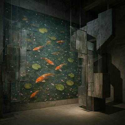 A koi pond seen from above, orange and white koi fish swimming among lily pads, clear water with subtle ripples, fallen cherry blossom petals floating on the surface, dappled sunlight