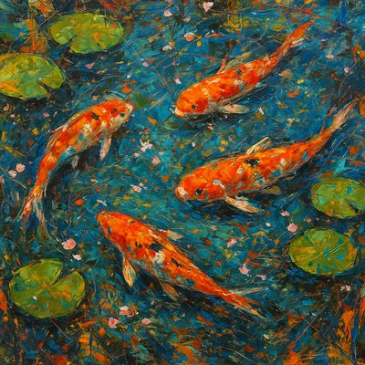 A koi pond seen from above, orange and white koi fish swimming among lily pads, clear water with subtle ripples, fallen cherry blossom petals floating on the surface, dappled sunlight