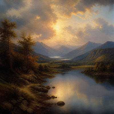 wide landscape with natural scenery — Oil Glazing Painting Style
