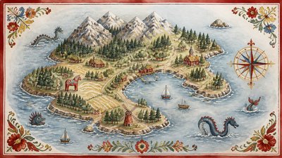 a map of an island realm with mountains, forests, a sheltered bay, sea monsters in the water and a compass rose, no text labels