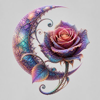 a rose entwined with a crescent moon, clean balanced composition on a plain background, no text