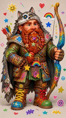full-body original character: a dwarven ranger with a braided auburn beard, worn leather armor, a longbow and a wolf-pelt cloak, neutral background, no text