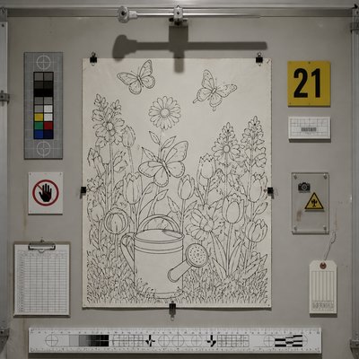 a garden scene with butterflies, flowers and a watering can, clean uncolored line art, no text