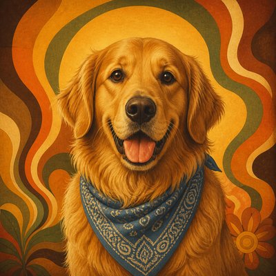 portrait of a golden retriever wearing a blue bandana, warm plain backdrop, no text