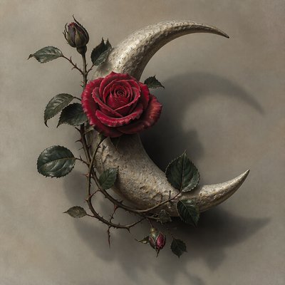 a rose entwined with a crescent moon, clean balanced composition on a plain background, no text
