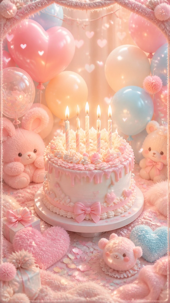 a birthday cake with lit candles surrounded by balloons and confetti, festive vertical composition, no text