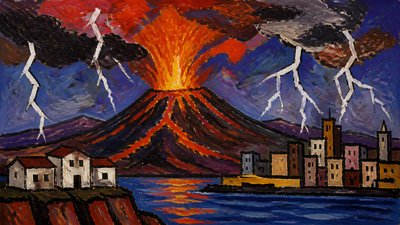 an erupting volcano with lightning strikes, dramatic wide composition, no text