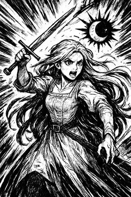 a drawing of a woman holding a sword