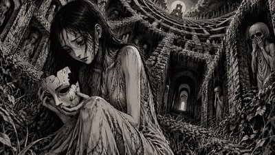 thin and beautiful woman holding her broken mask, she is inside a derelict labyrinth covered in grass, the drawing evokes despair but in a beautiful and atmospheric way.