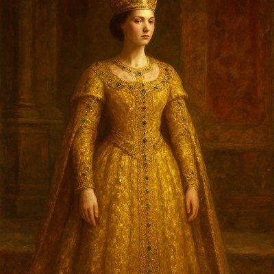 Oil Painting Art Style, a breathtakingly majestic and regal portrait of "The Queen in Gold of Ophir," inspired by Psalm 45. The Queen stands with impeccable grace and royal dignity, her posture radiating quiet power. She is adorned in an exquisitely elaborate gown woven entirely from the finest, purest gold of Ophir, shimmering with incredible richness. Her attire is intricately embellished with countless precious jewels—sapphires, rubies, and emeralds—each catching the light. A delicate yet regal golden crown rests upon her head, complementing her serene and noble expression. The setting is a grand, opulent royal palace chamber, with rich tapestries and polished marble, bathed in warm, golden, ambient light that dramatically illuminates her and her lavish garments. Focus on the unparalleled brilliance and texture of her golden gown, the sparkle of her jewels, her majestic presence, and the luxurious, sacred atmosphere befitting a queen in God's presence.