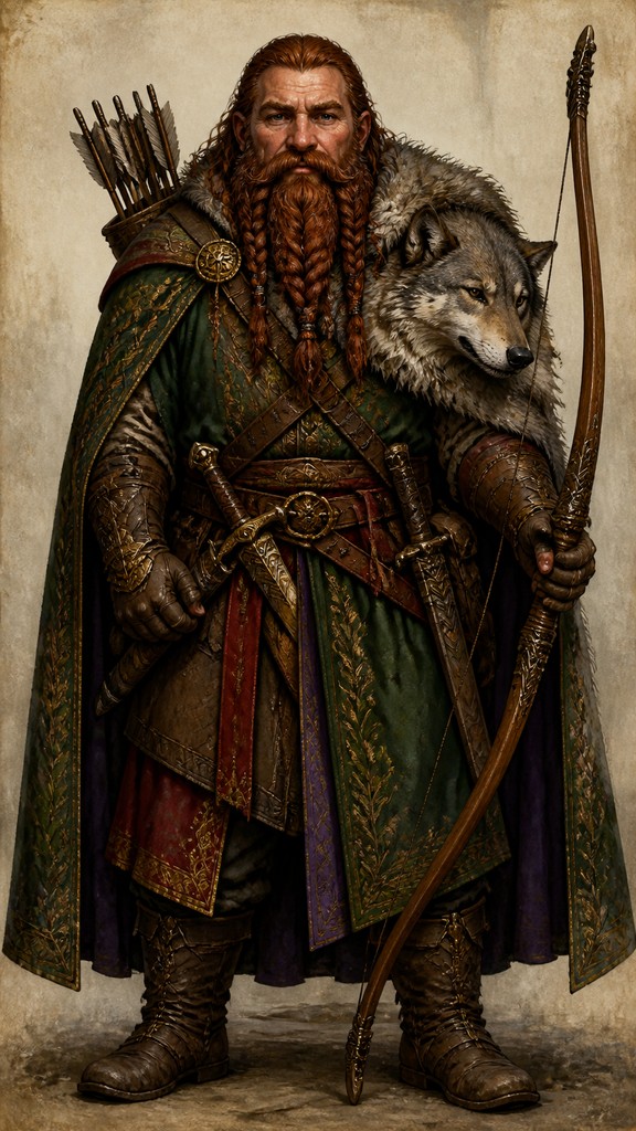 full-body original character: a dwarven ranger with a braided auburn beard, worn leather armor, a longbow and a wolf-pelt cloak, neutral background, no text