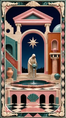 a robed figure pouring water beneath a large eight-pointed star in a night sky, symmetrical composition with an ornate decorative border, no text