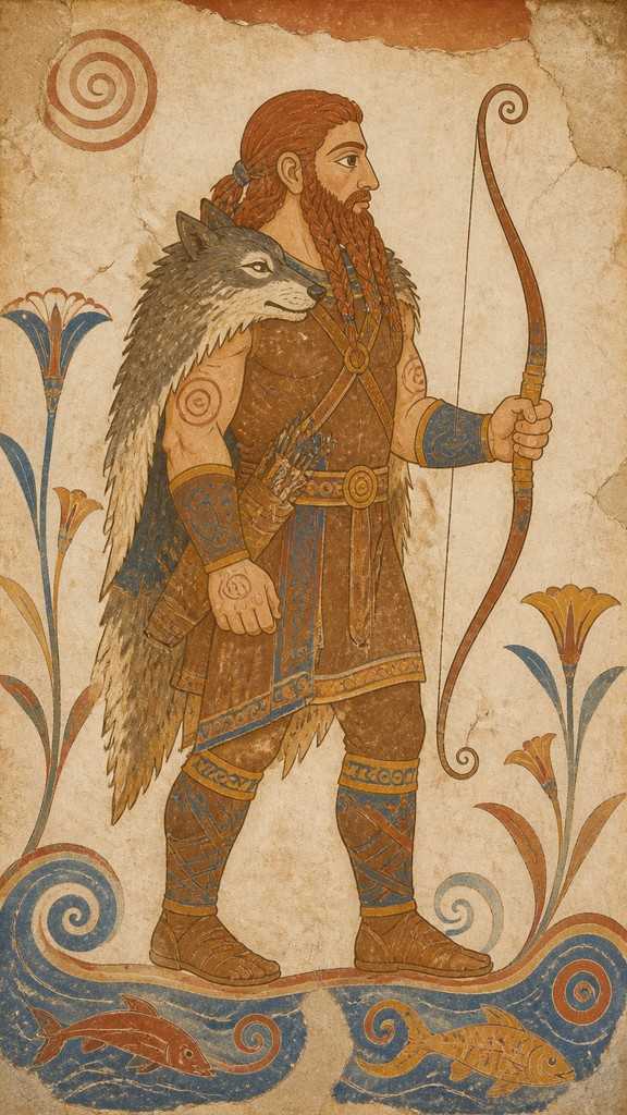 full-body original character: a dwarven ranger with a braided auburn beard, worn leather armor, a longbow and a wolf-pelt cloak, neutral background, no text