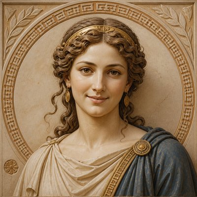 head-and-shoulders portrait of an original character: a young woman with wavy chestnut hair and a warm smile, plain soft backdrop