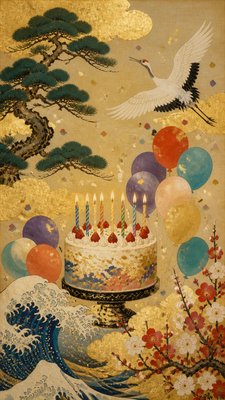 a birthday cake with lit candles surrounded by balloons and confetti, festive vertical composition, no text