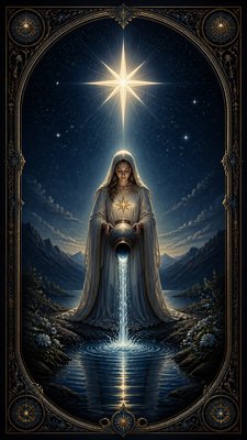 a robed figure pouring water beneath a large eight-pointed star in a night sky, symmetrical composition with an ornate decorative border, no text