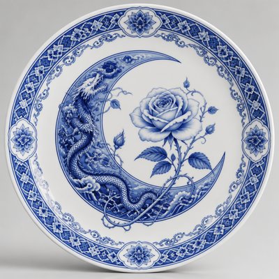 a rose entwined with a crescent moon, clean balanced composition on a plain background, no text