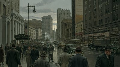 bustling city street panorama at dusk