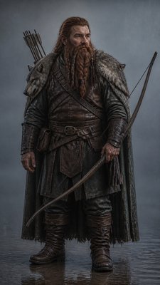 full-body original character: a dwarven ranger with a braided auburn beard, worn leather armor, a longbow and a wolf-pelt cloak, neutral background, no text