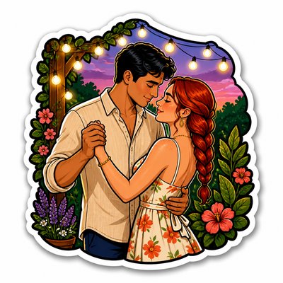 an original couple dancing under string lights in a garden at dusk: a man with short black hair in a linen shirt and a woman with braided red hair in a summer dress