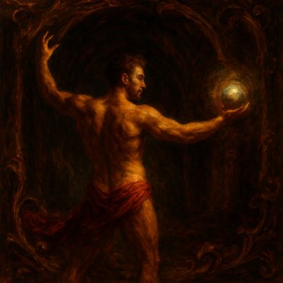 a painting of a man holding a crystal ball