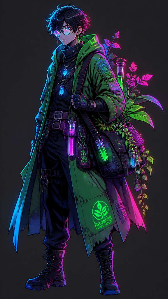 full-body original character: a wandering botanist with a satchel of plants, a patched green cloak, tall boots and round glasses, neutral background