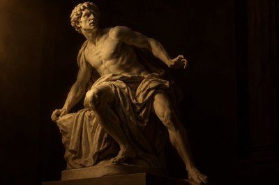 an ancient greek sculpture starting to open his mouth and move his legs and arms