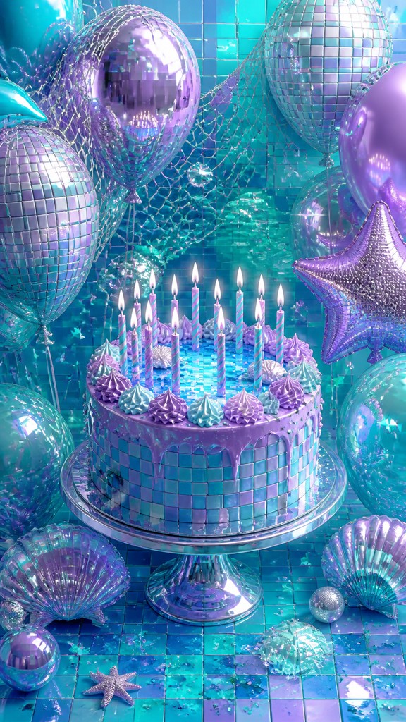 a birthday cake with lit candles surrounded by balloons and confetti, festive vertical composition, no text