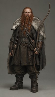 full-body original character: a dwarven ranger with a braided auburn beard, worn leather armor, a longbow and a wolf-pelt cloak, neutral background, no text