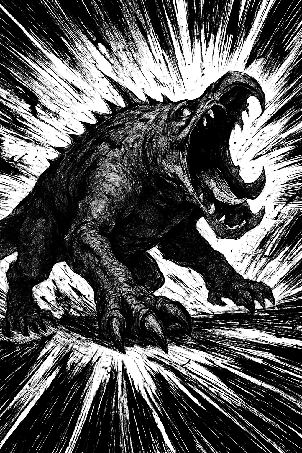 a black and white drawing of a dinosaur with its mouth open