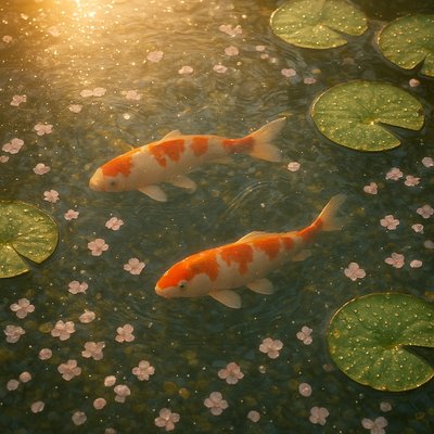 A koi pond seen from above, orange and white koi fish swimming among lily pads, clear water with subtle ripples, fallen cherry blossom petals floating on the surface, dappled sunlight
