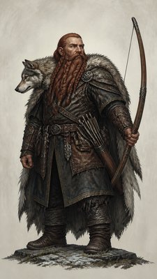 full-body original character: a dwarven ranger with a braided auburn beard, worn leather armor, a longbow and a wolf-pelt cloak, neutral background, no text