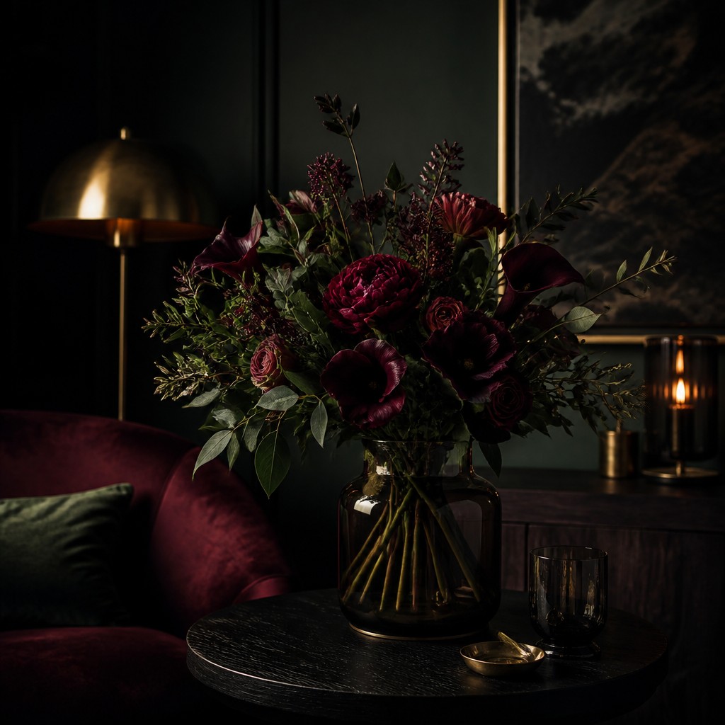 bouquet of flowers in a glass vase — Dark Moody Interior Design