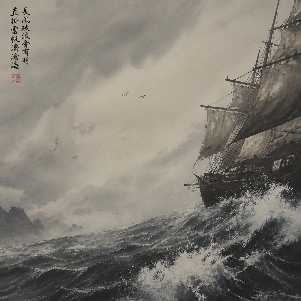 sailing ship on a stormy sea — Elegant Asymmetry Art Style