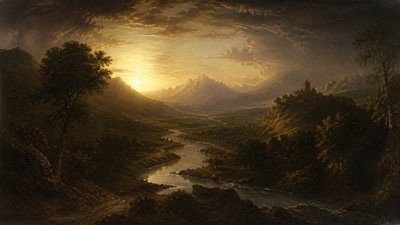 a vast valley with a river winding toward distant mountains at sunrise, no people, no text