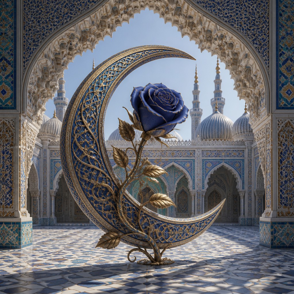 a rose entwined with a crescent moon, clean balanced composition on a plain background, no text