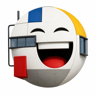 an exaggerated laughing face of an original round mascot character, bold and readable at small size, plain background, no text