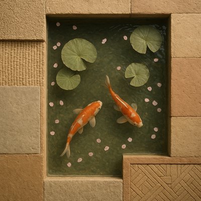 A koi pond seen from above, orange and white koi fish swimming among lily pads, clear water with subtle ripples, fallen cherry blossom petals floating on the surface, dappled sunlight