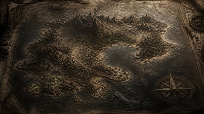 a map of an island realm with mountains, forests, a sheltered bay, sea monsters in the water and a compass rose, no text labels