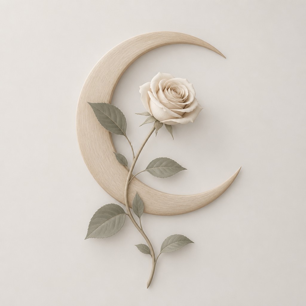 a rose entwined with a crescent moon, clean balanced composition on a plain background, no text