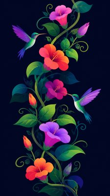a climbing vine of flowers and hummingbirds on a dark background, tall wrapping composition, no text