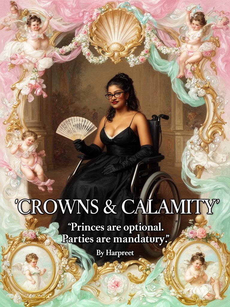 A grand British court portrait, Georgian/Regency era, Baroque/Rococo painting style, rich colours, gilded interior, dramatic oil-painting lighting. A 19-year-old Indian princess seated confidently in a wheelchair at the centre, wearing a black low-cut ballgown, black gloves, half-up half-down hairstyle, glasses, holding a hand fan, composed expression with a subtle smirk. Elegant, playful court atmosphere, refined and regal, high detail, classical portrait composition.
Title text in white serif font with black outline: ‘CROWNS & CALAMITY’.
Quote text below: ‘Princes are optional. Parties are mandatory.’
By Harpreet.