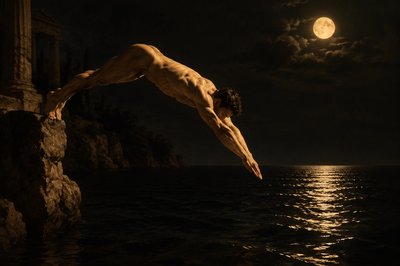 greek athlete au naturel dives into the sea by moonlight