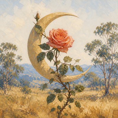 a rose entwined with a crescent moon, clean balanced composition on a plain background, no text