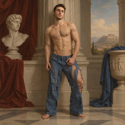 a shirtless man standing next to a statue